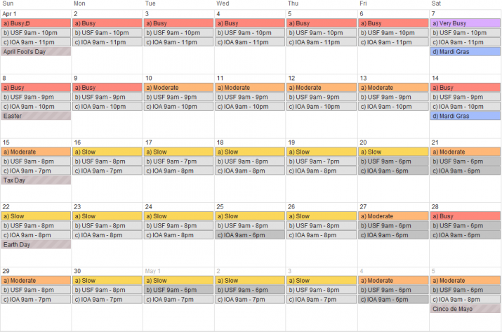 April 2012 - Universal Orlando crowd calendar, park hours & special events.