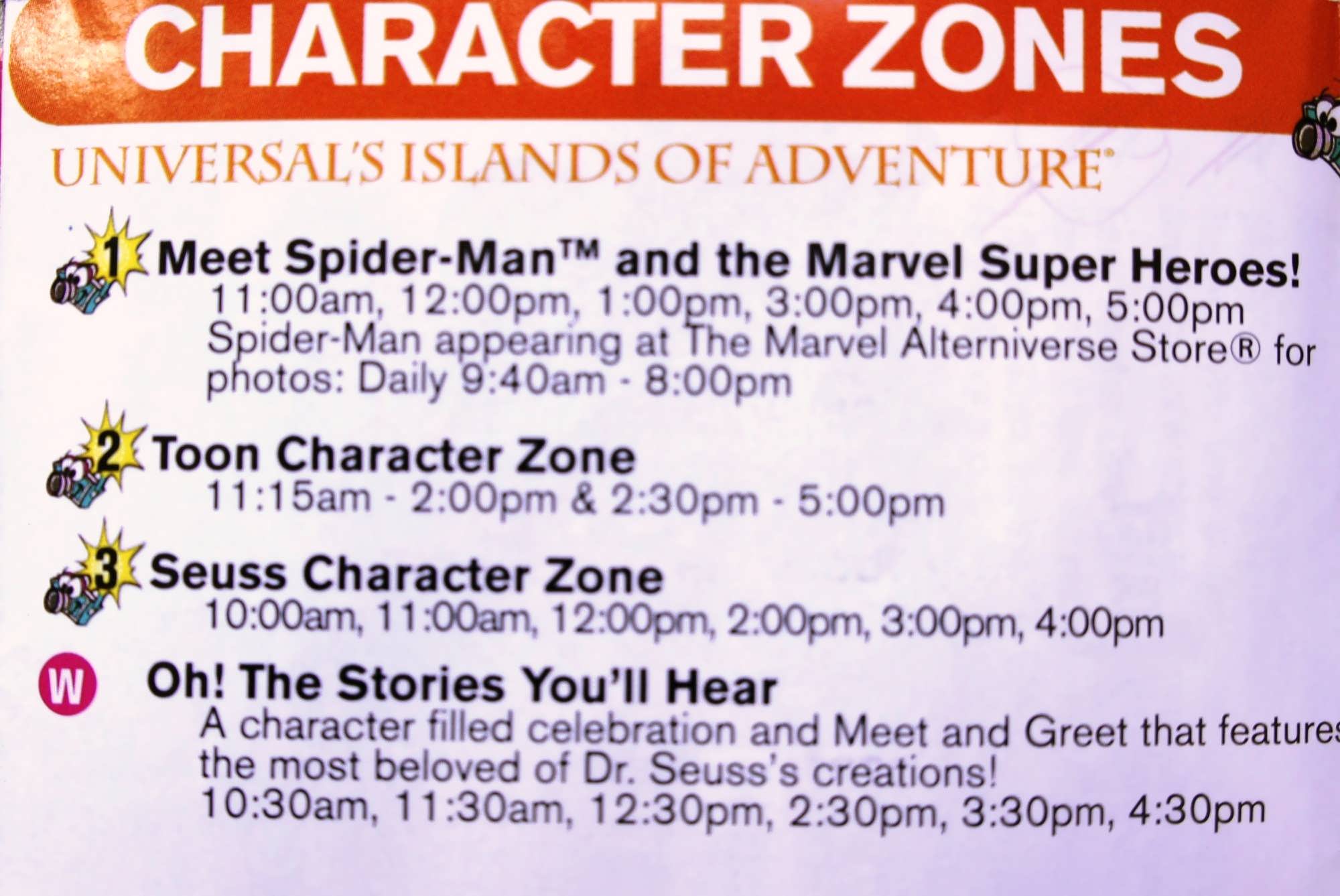 Character sample schedule at Universal’s Islands of Adventure