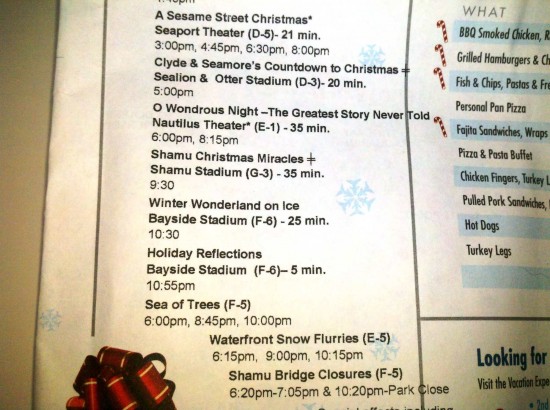 SeaWorld's 2011 Christmas show schedule (subject to change).