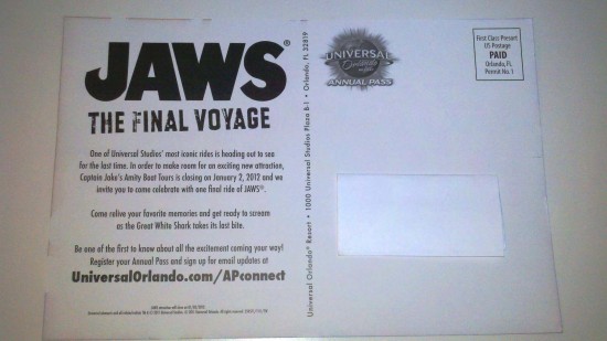 Universal Orlando's "One Final Escape" mailer - back.