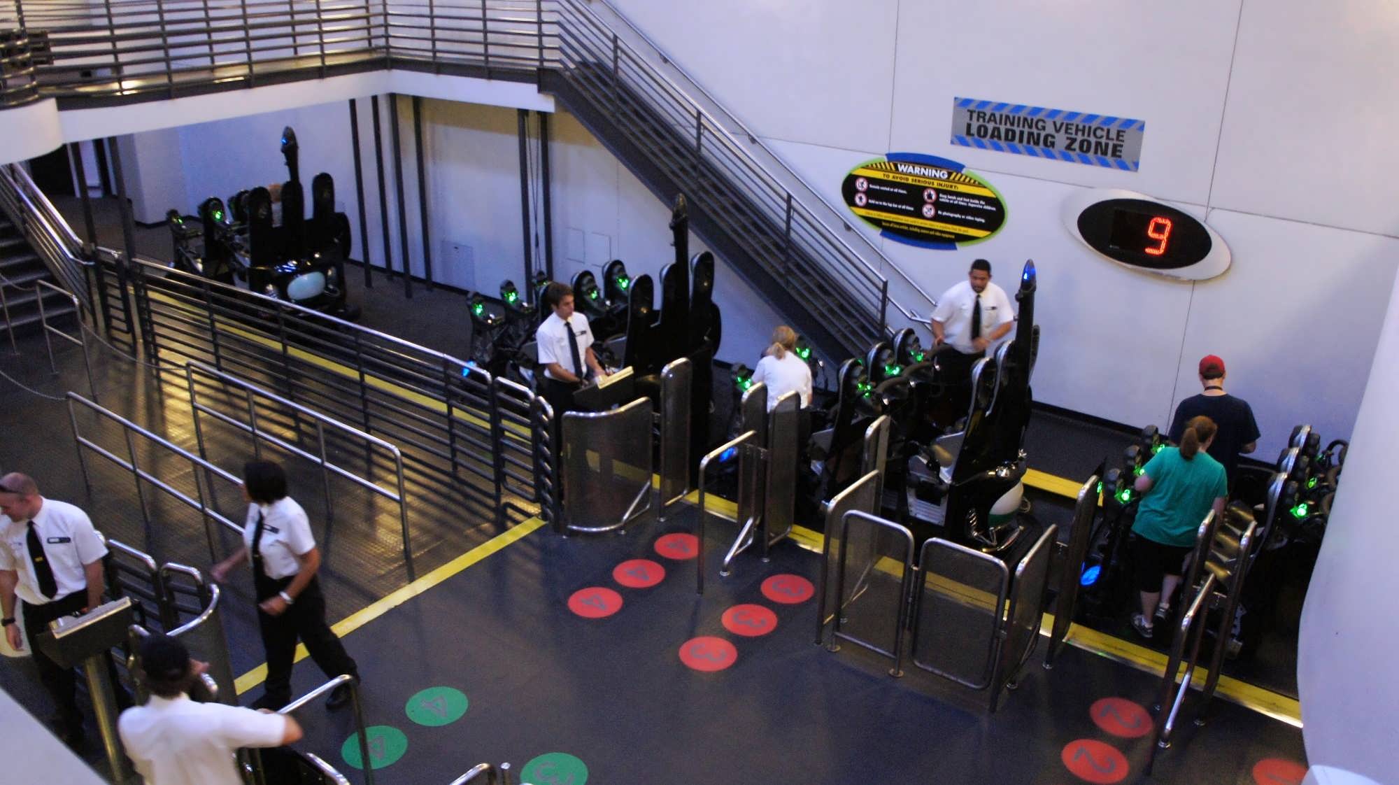 Ride loading area showing the red side and green side at MEN IN BLACK Alien Attack at Universal Studios Florida