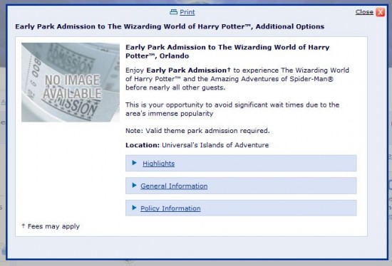 Early Park Admission details for Universal vacation packages.