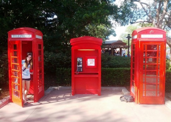 Red telephone booths at the UK Pavilion in Epcot.