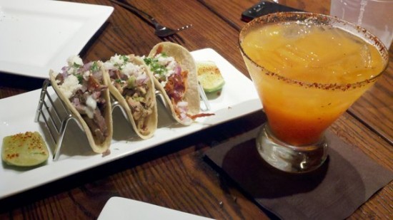 Taco trio and a Orange Mango Fire Margarita at La Hacienda.