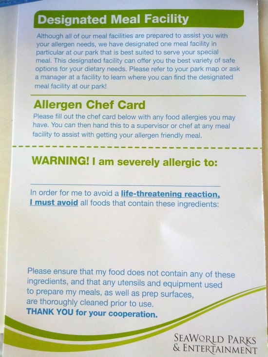 Allergen Chef Card at SeaWorld Orlando.
