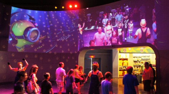 A dance party greets guests exiting the ride portion of Despicable Me Minion Mayhem.