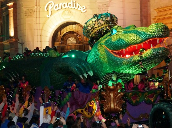 Riding a float at Universal Mardi Gras 2013.