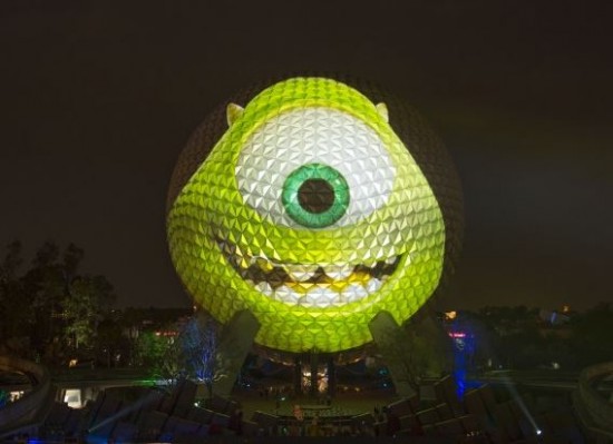 Spaceship Earth Transforms into "Monsters University" Star Mike Wazowski.