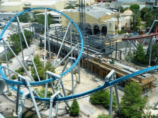 Hogsmeade Station construction in May, as viewed from Dragon Challenge.