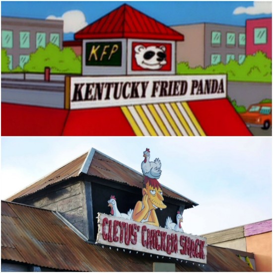 Kentucky Fried Panda (top) and its redesign as Cletus' Chicken Shack (bottom).