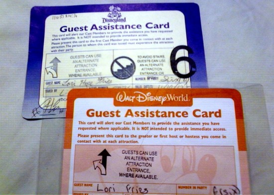 Guest Assistance Cards at Disneyland & Disney World.