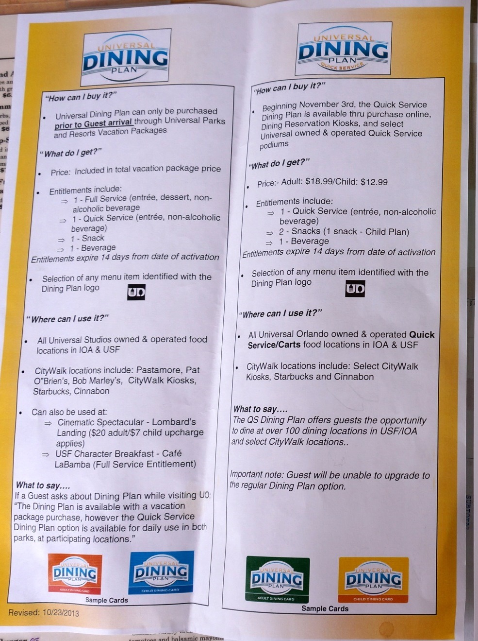 Universal Dining Plan details.