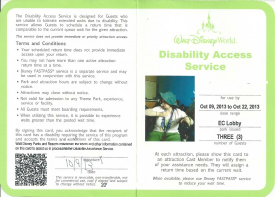 Walt Disney World's Disability Access Service card - 2013.