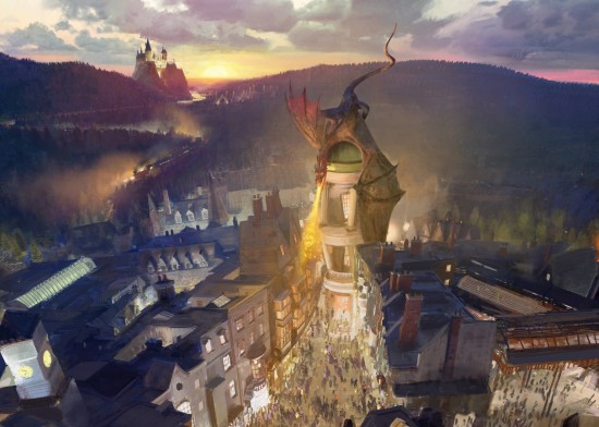 Diagon Alley concept artwork featuring Gringotts Bank.