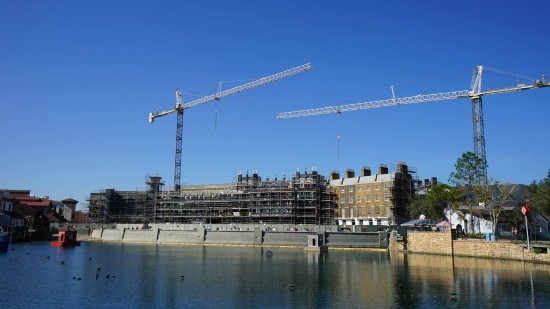 The London facade under construction at Diagon Alley.