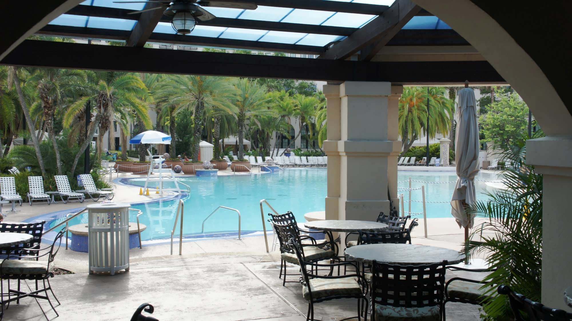 View of the pool from inside the Beachclub bar area at Hard Rock Hotel