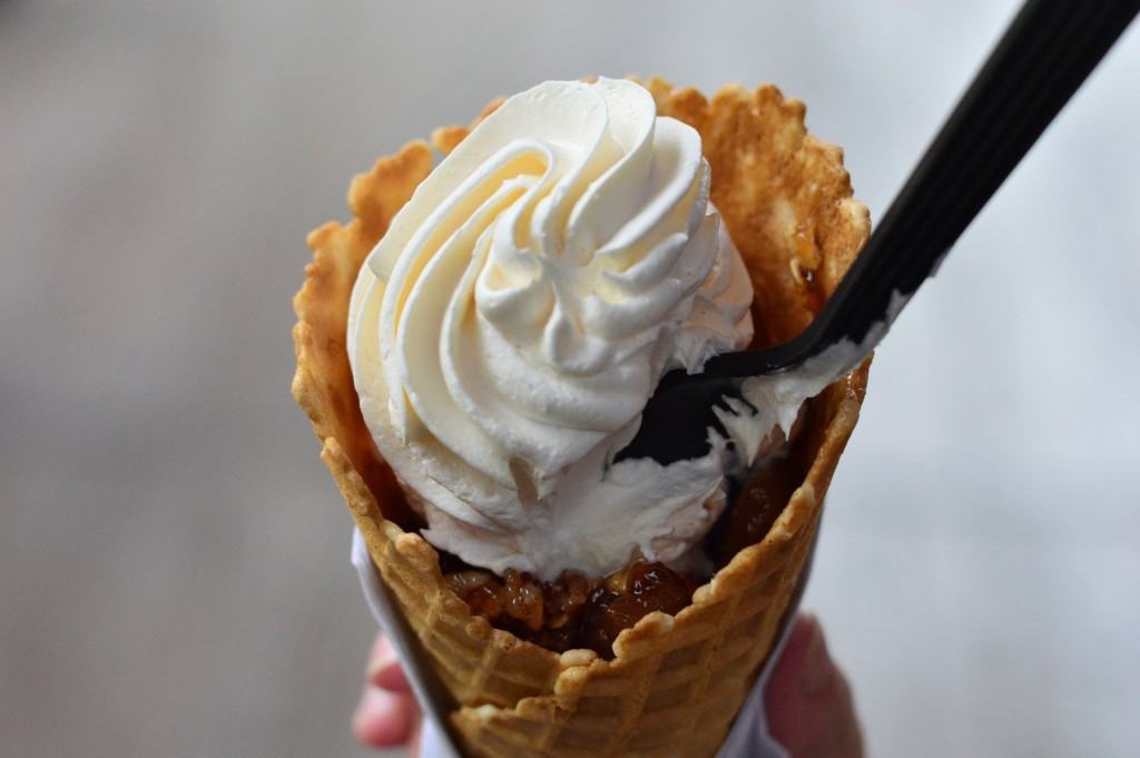 Warm apple crisp in a cone