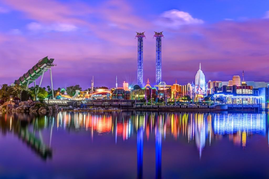 Marvel Superhero Island from across Islands of Adventure lagoon