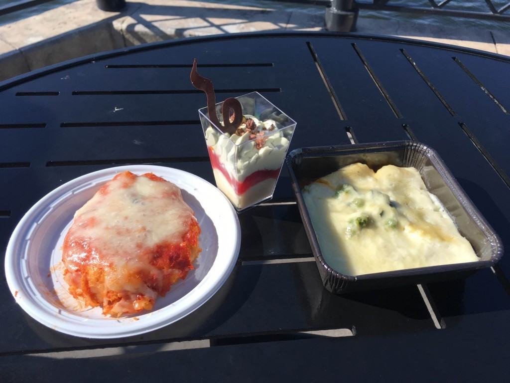 Italian offerings from the Primavera Kitchen; Pollo alla Parmigiana, Cremoso al Pistacchio, and Mezze Lune Primavera