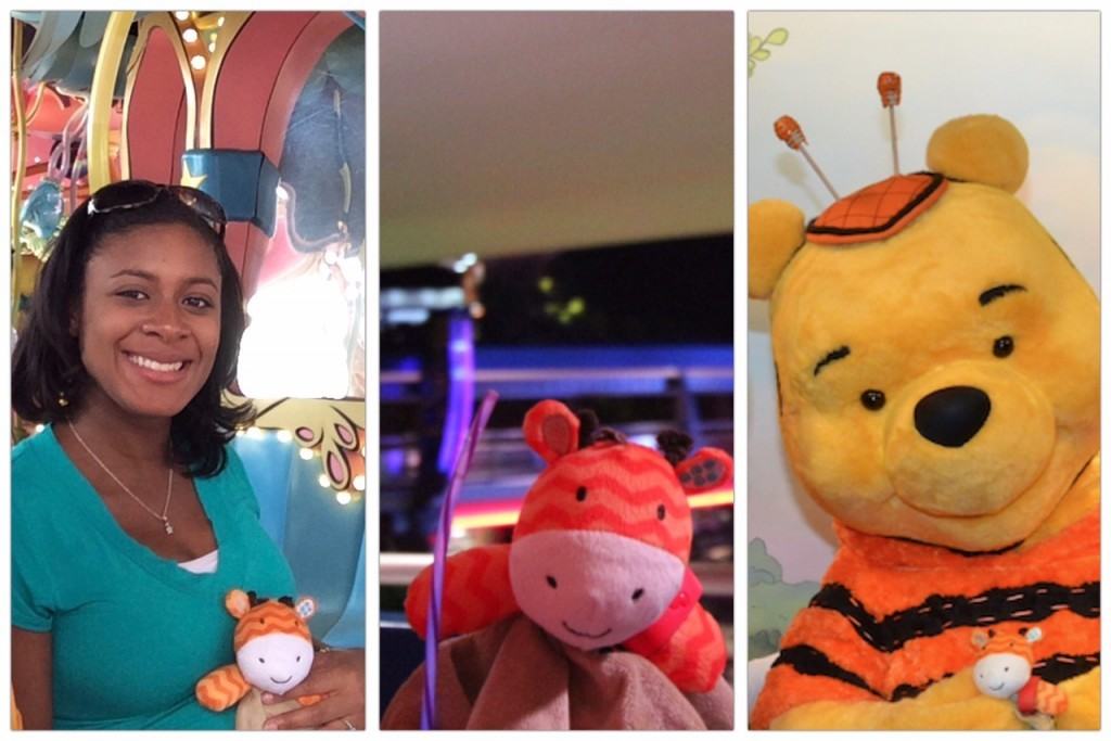 Our little guy's lovey taking a ride on the Caro-Suess-el, the Peoplemover at Disney's Magic Kingdom and meeting Winnie the Pooh.