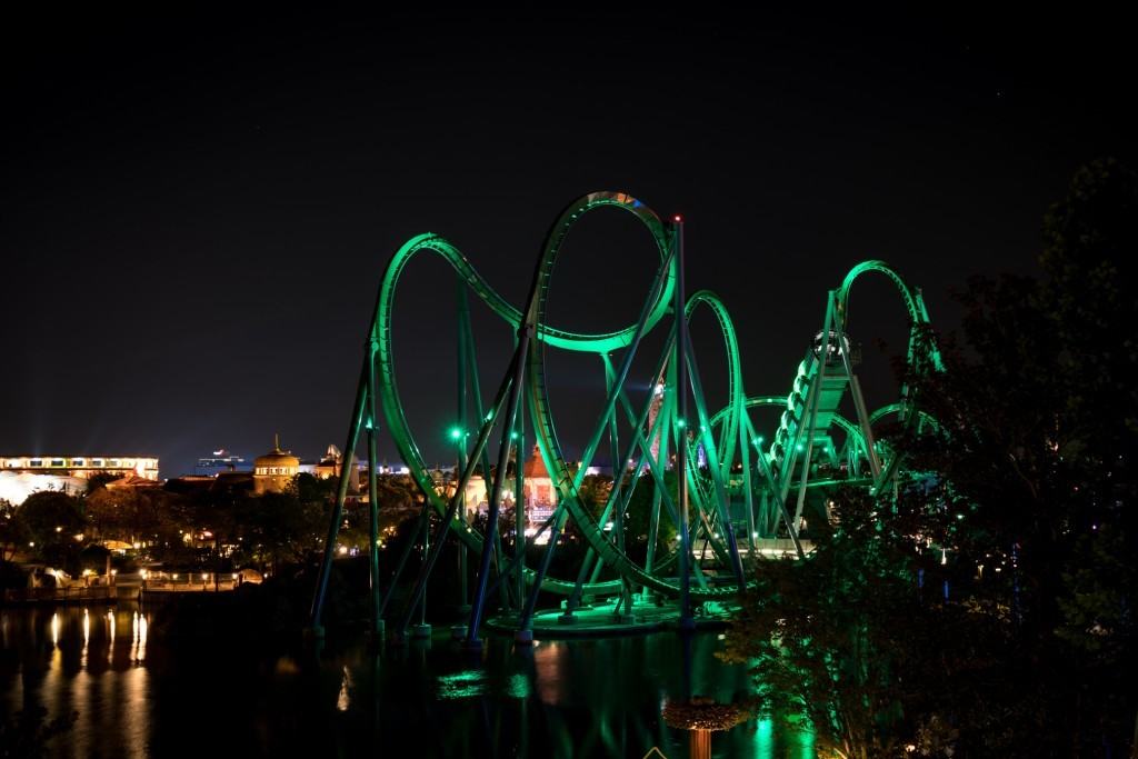The new Incredible Hulk Coaster from across Universal's Islands of Adventure lagoon