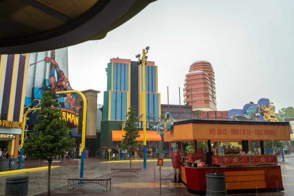 A rainy day in Marvel Super Hero Island at Islands of Adventure