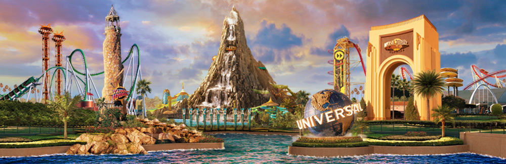 An overview of Universal Orlando Resort, now featuring Volcano Bay