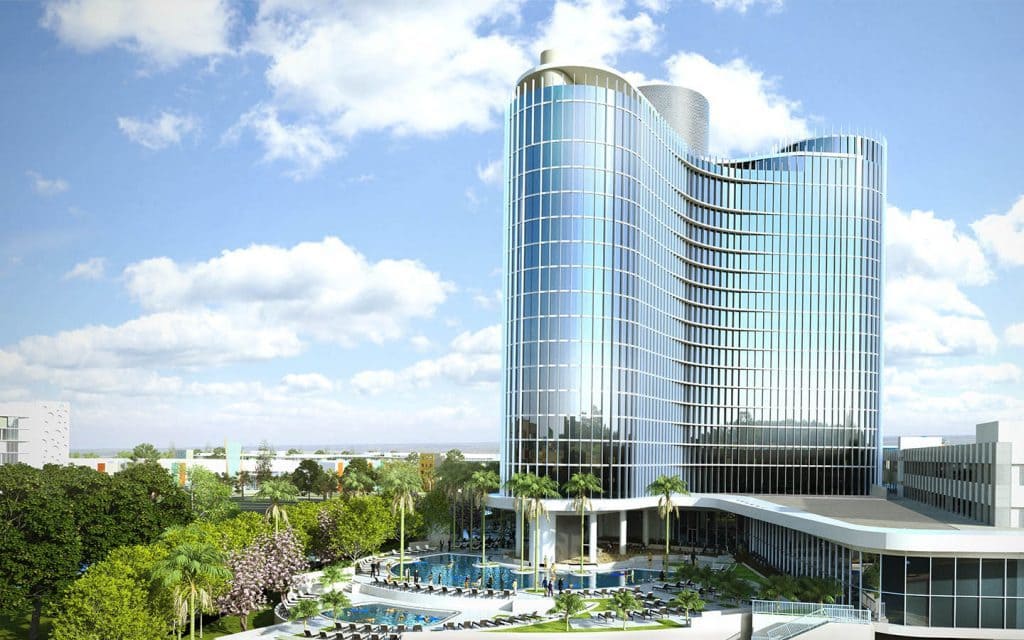 Universal's Aventura Hotel pool and tower at Universal Orlando Resort