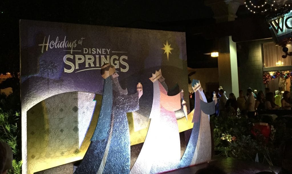 Wooden cutout featuring the three kings in Disney Springs.