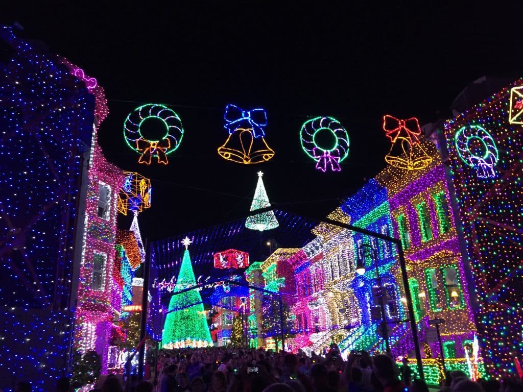 Osborne Family Lights in the former cityscape of Hollywood Studios. A variety of colorful lights.