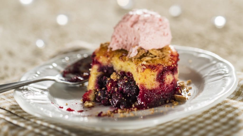 Warm Wild Berry Buckle with Pepper Berry Sorbet (vegetarian)