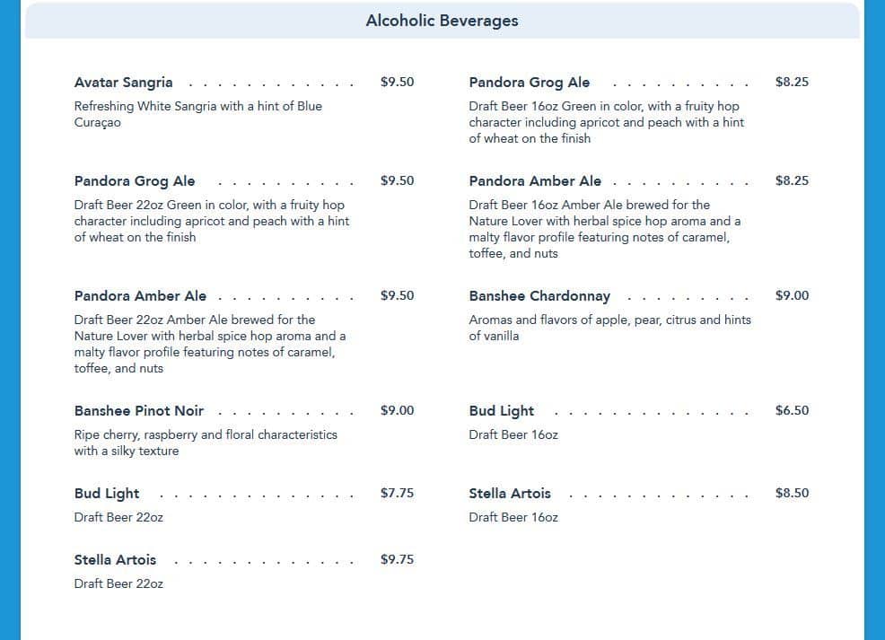 Satu'li Canteen alcoholic menu in Disney's Pandora - The World of Avatar