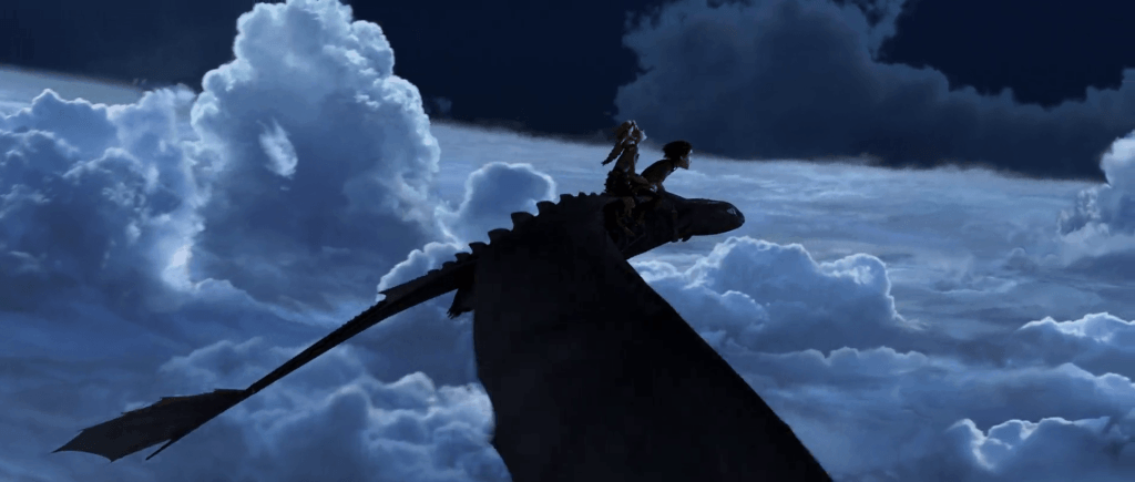 Hiccup and Astrid soar above the clouds in How to Train Your Dragon