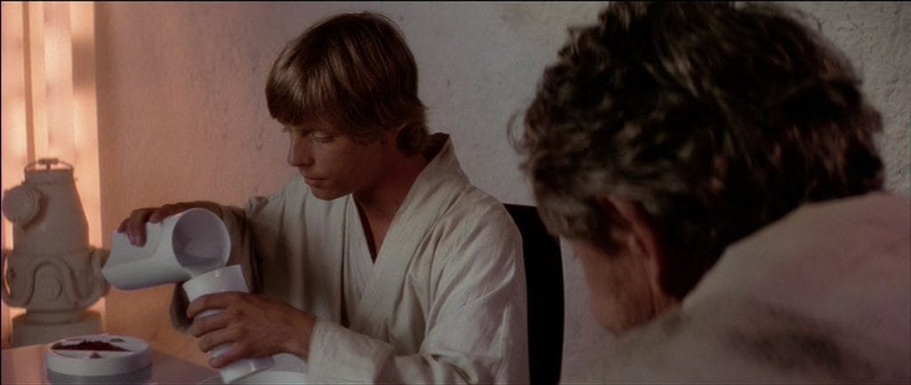 Luke Skywalker drinking blue milk in "Star Wars: Episode IV - A New Hope"