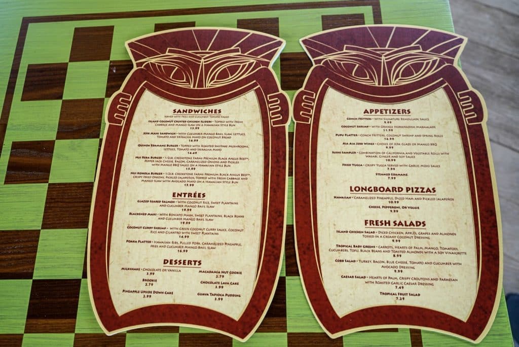 Cabana menu at Universal's Volcano Bay