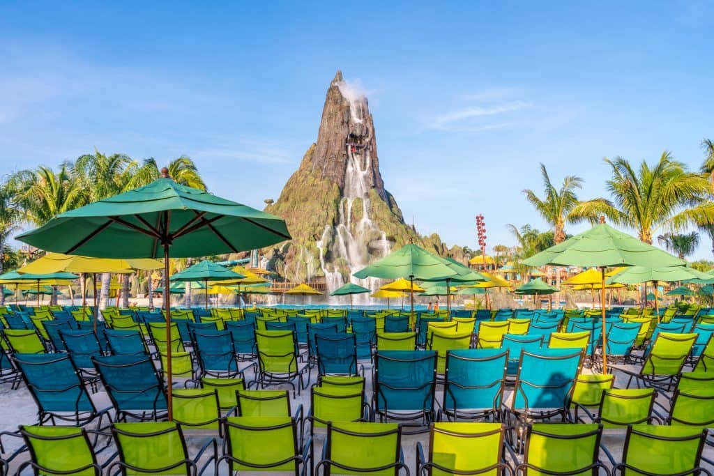 Chairs line Waturi Beach at Universal's Volcano Bay