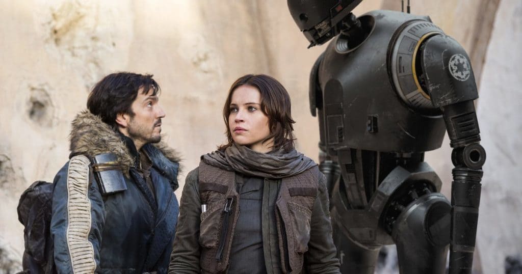 Cassian Andor, Jyn Erso, and K-2SO in "Rogue One: A Star Wars Story"