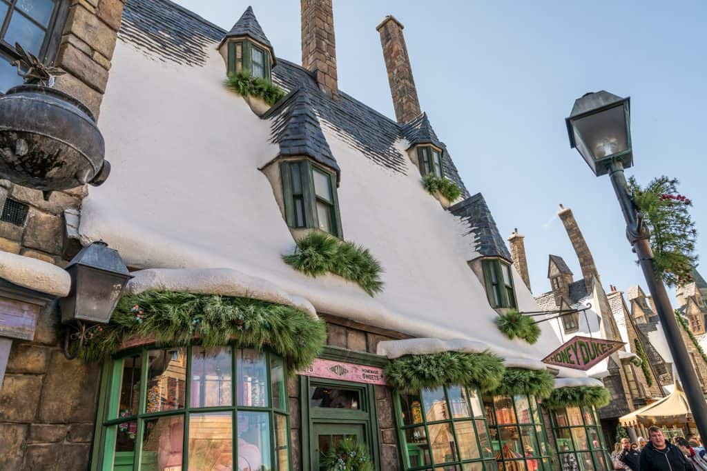 Hogsmeade holiday decorations for Christmas in The Wizarding World of Harry Potter