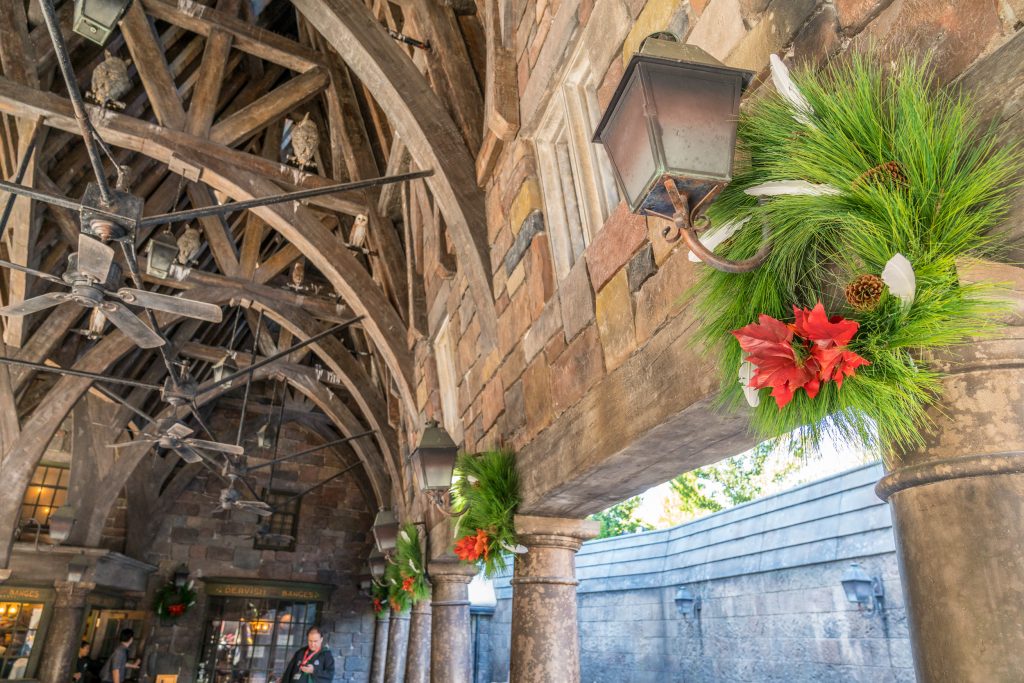 Hogsmeade holiday decorations for Christmas in The Wizarding World of Harry Potter