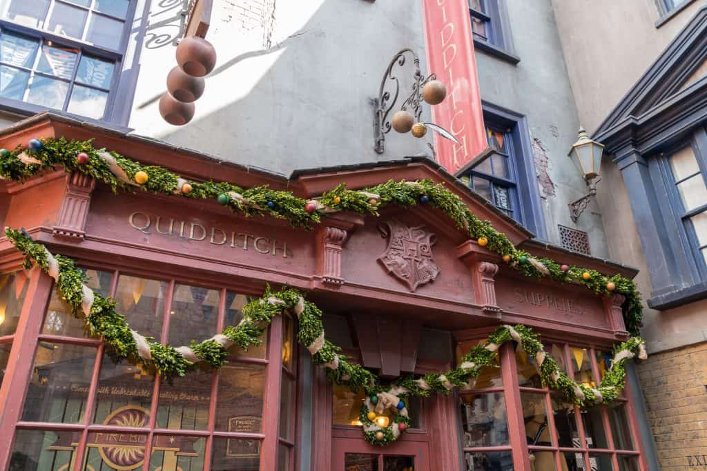 Quality Quidditch Supplies decorated for Christmas in The Wizarding World of Harry Potter