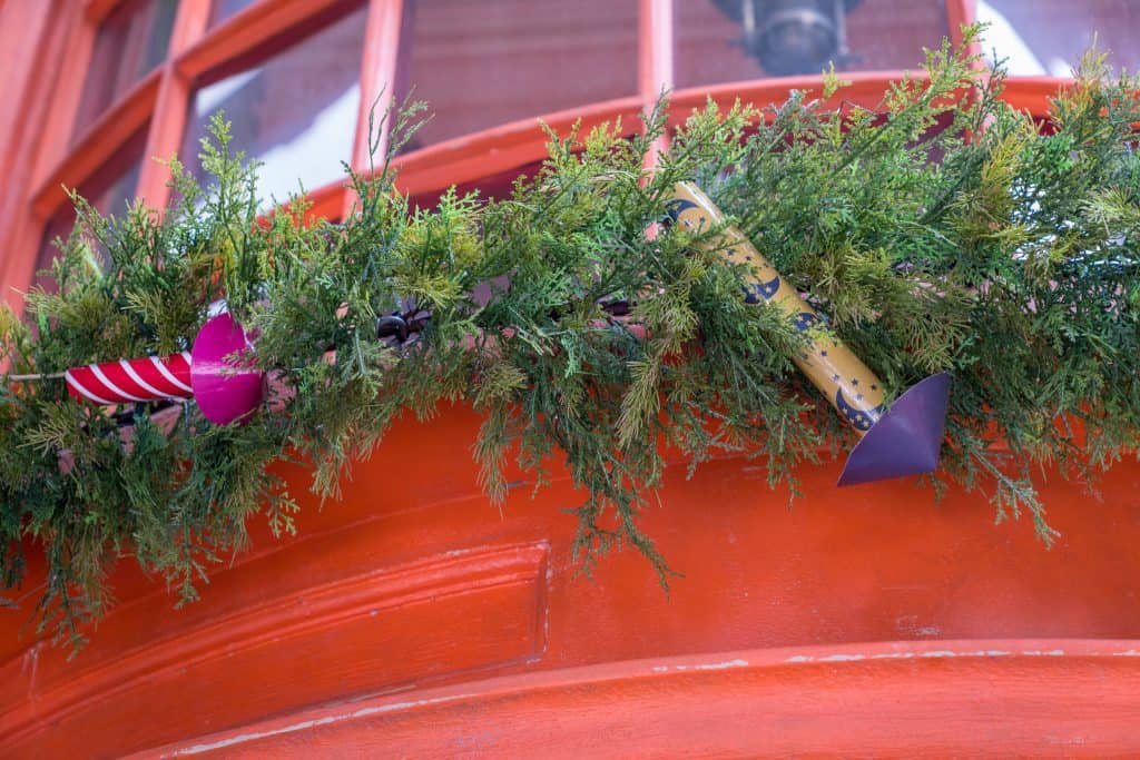 Weasleys' Wizard Wheezes decorated for Christmas in The Wizarding World of Harry Potter