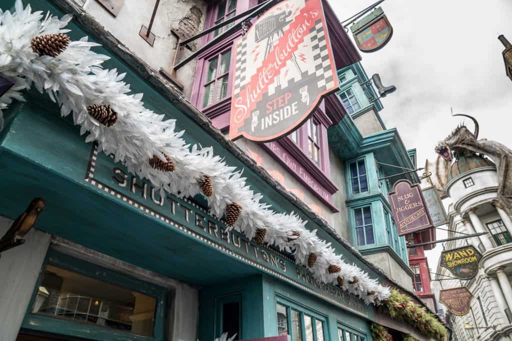 Shutterbutton's decorated for Christmas in The Wizarding World of Harry Potter