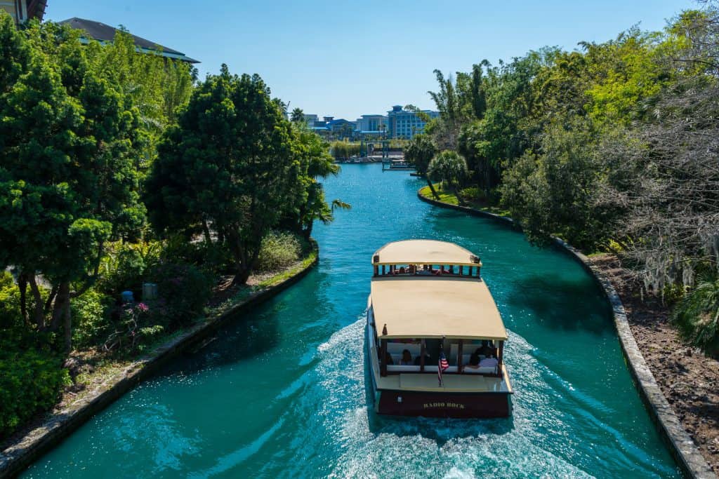 Universal Orlando water taxi traveling from CityWalk to Loews Royal Pacific Resort and Sapphire Falls Resort