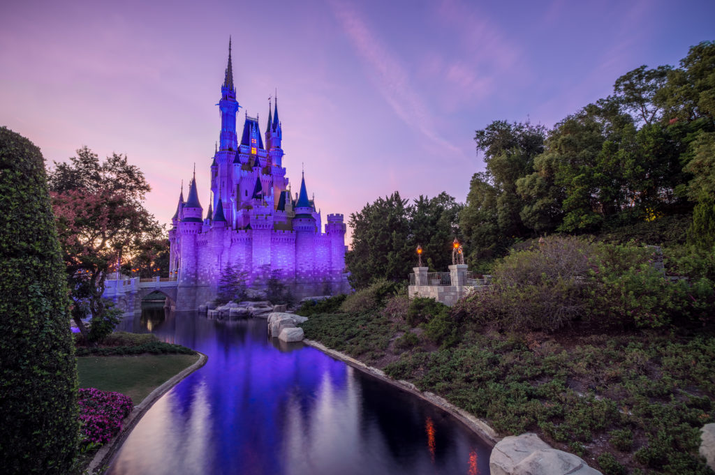 Cinderella Castle at sunset at Magic Kingdom