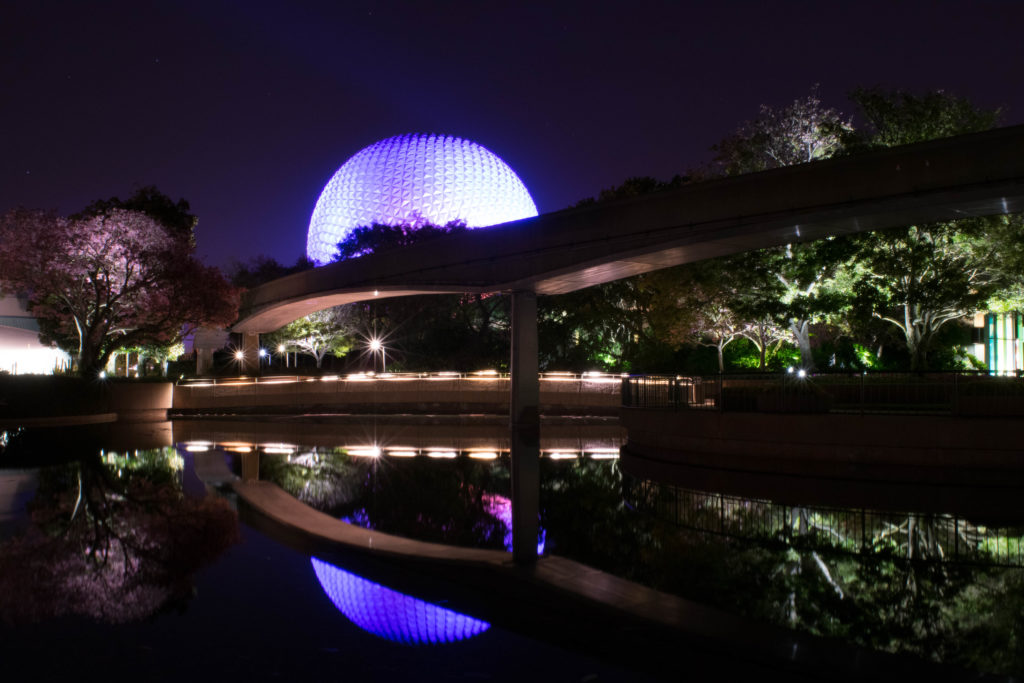 Spaceship Earth at night at Epcot