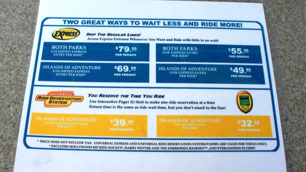 Q-Bot Ride Reservation System at Universal Orlando pricing information