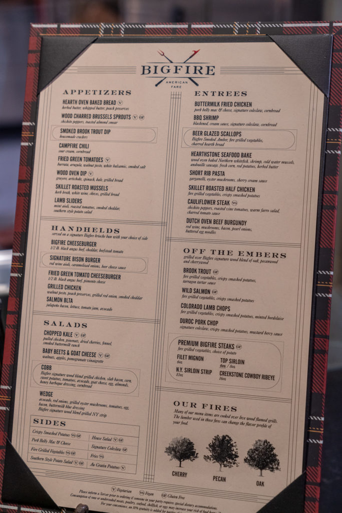 The menu at Universal Orlando's Bigfire