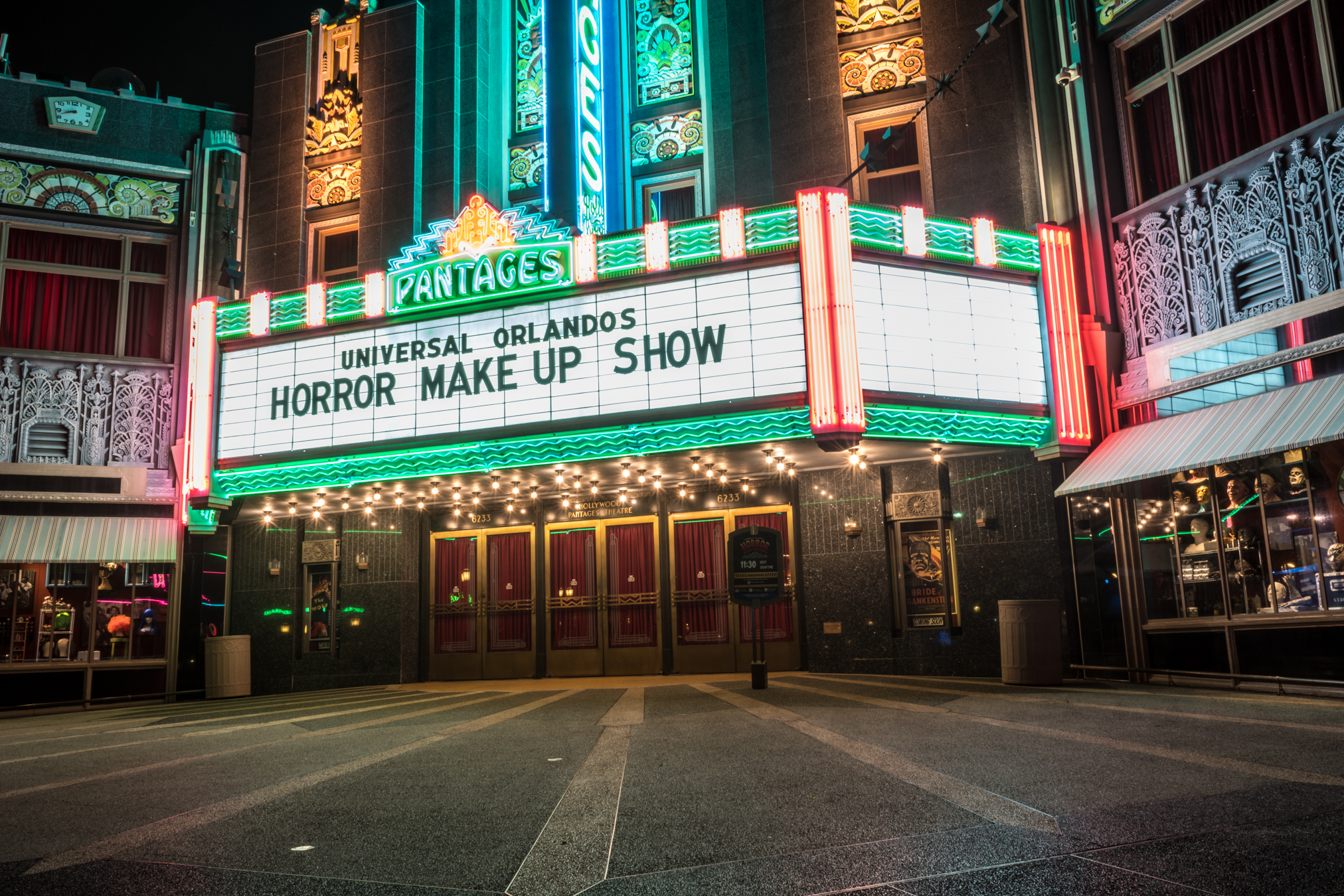 The Pantages Theater marquee advertises Universal Orlando's Horror Make-Up Show