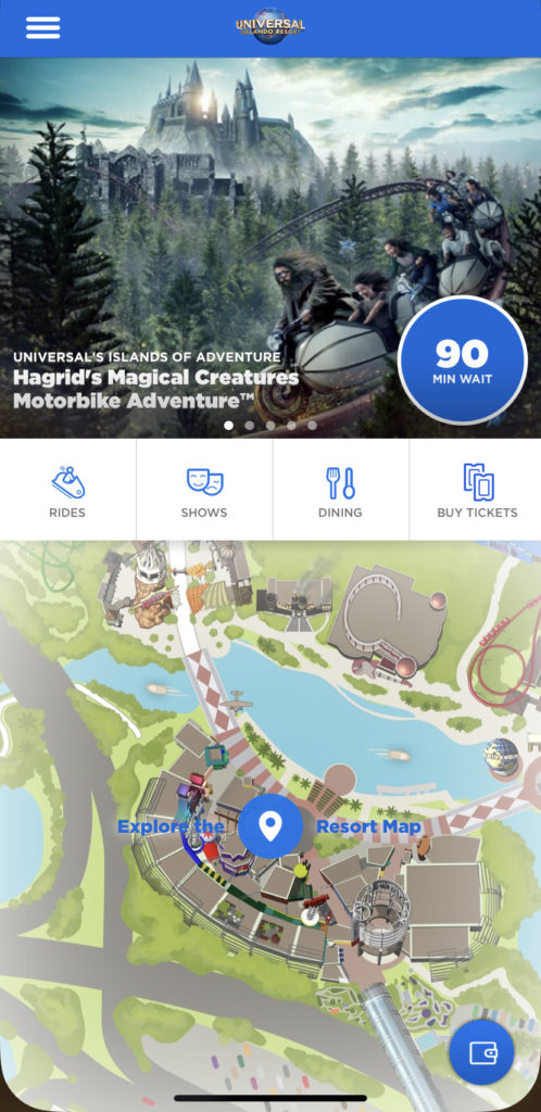 Universal Orlando mobile app home screen