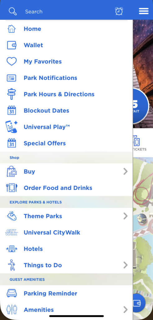 Universal Orlando mobile app menu